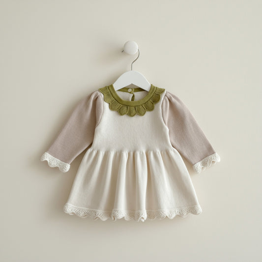 Amara Scallop Knit Dress - Cream/Green (6m-4yrs)