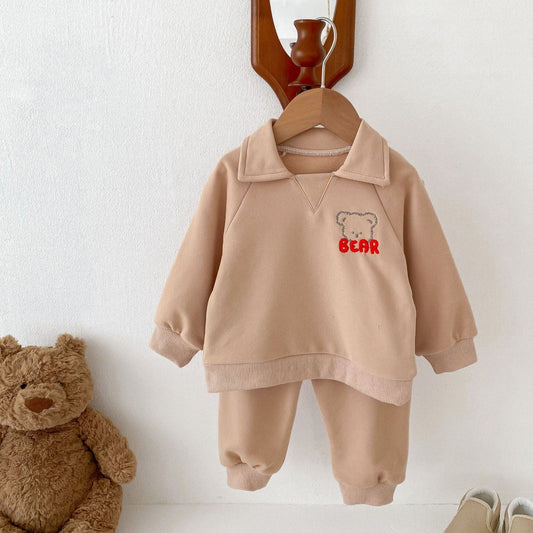 Bear Collar Cotton Lounge Set, Khaki (6m-4yrs)
