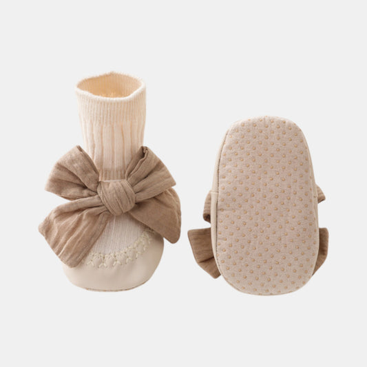 Cotton Bow Baby Slipper Socks, Beige (11-13cm)