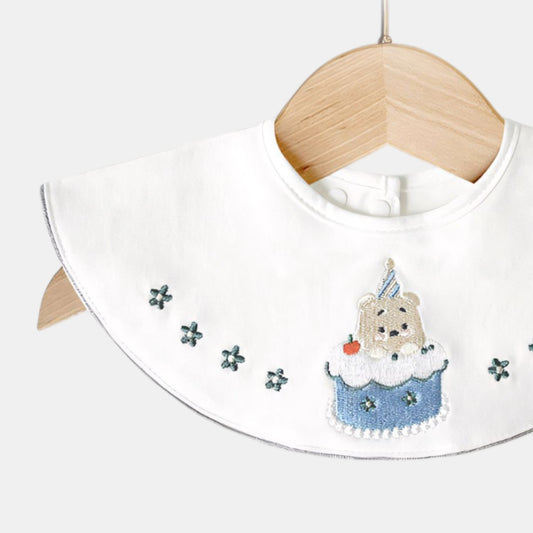 Embroidered Birthday Bear Cotton Waterproof Dribble Bib Detail - Bambisserie