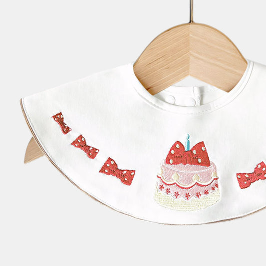 Embroidered Birthday Bow Cotton Waterproof Dribble Bib Detail - Bambisserie