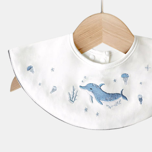 Embroidered Dolphin Cotton Waterproof Dribble Bib Detail - Bambisserie