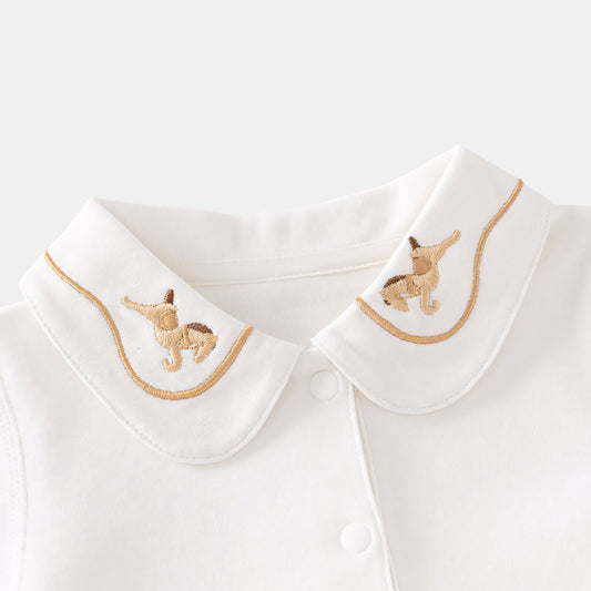 Embroidered Trojan Horse Cotton Baby Bodysuit - Collar Detail - Bambisserie