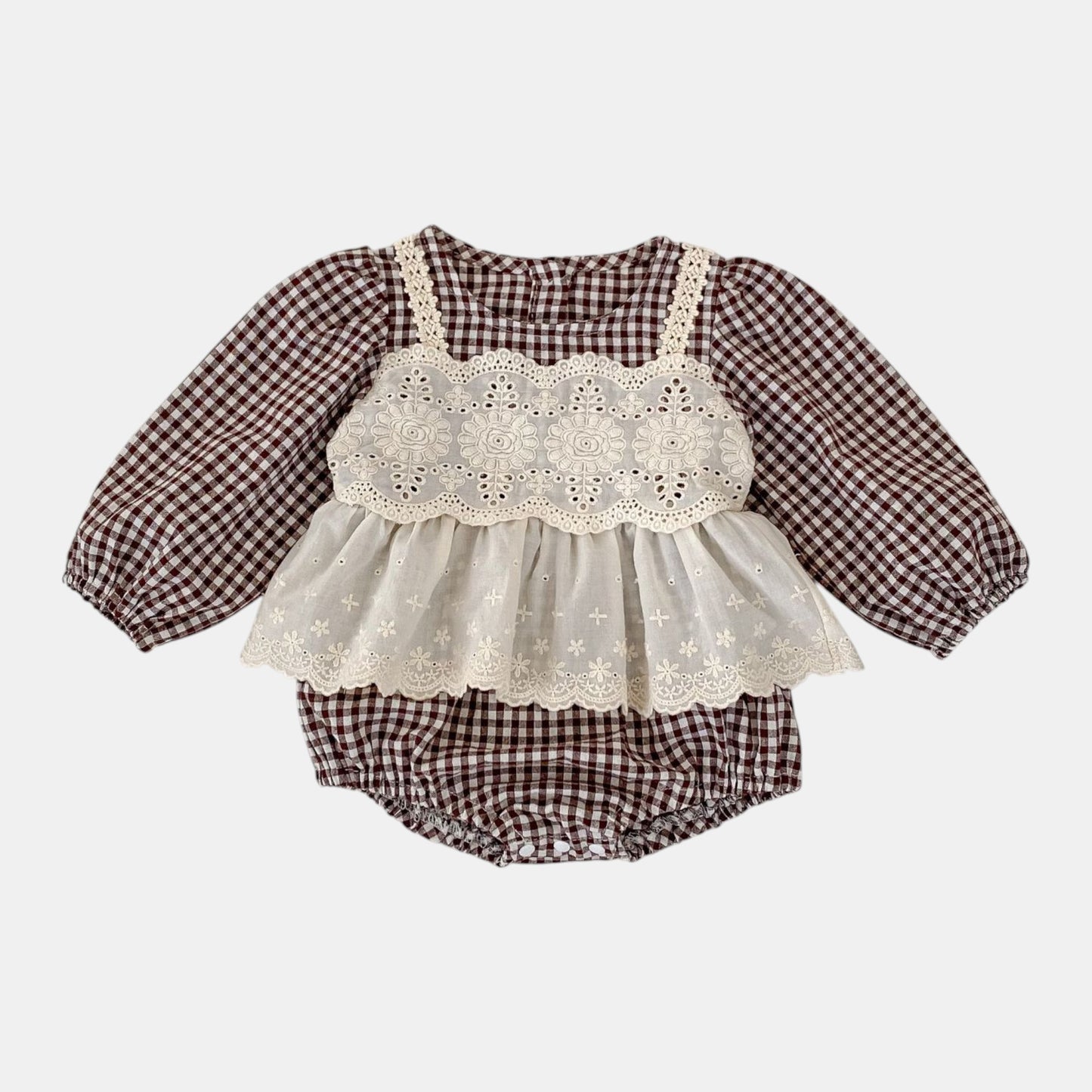 Erin Gingham Lace Romper - Brown (3m-24m)