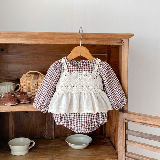 Erin Gingham Lace Romper - Brown (3m-24m)