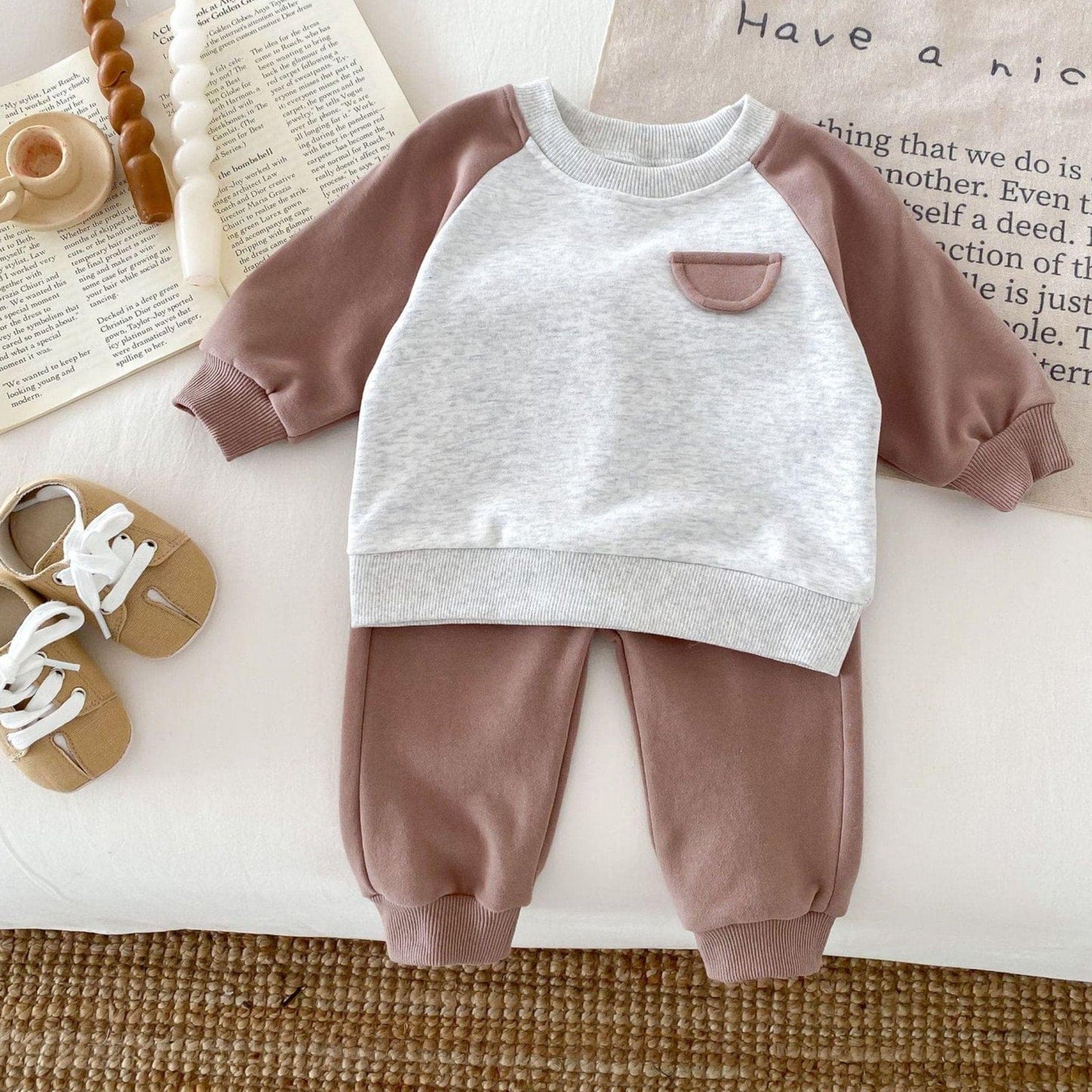 Faux Pocket Cotton Lounge Set, Brown (3m-4yrs)