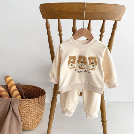 Happy Bear Cotton Lounge Set, Cream (3m-3yrs)