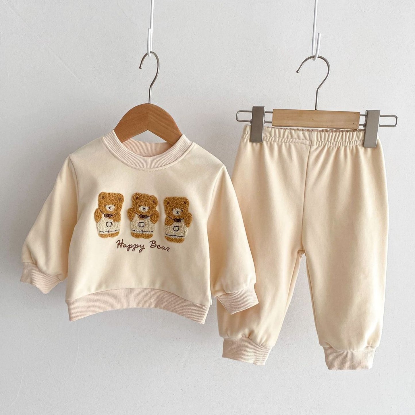 Happy Bear Cotton Lounge Set, Cream (3m-3yrs)