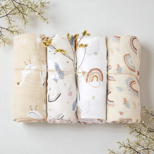 Large Bamboo Muslin Baby Swaddle Blanket Set - Lullaby Tales (4 Pack)