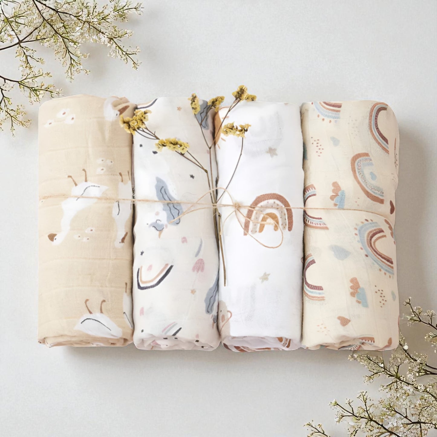 Large Bamboo Muslin Baby Swaddle Blanket Set - Lullaby Tales (4 Pack)