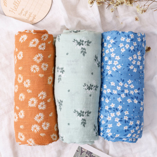 Large Cotton Muslin Baby Swaddle Blanket Set - Meadow Blooms (3 Pack)