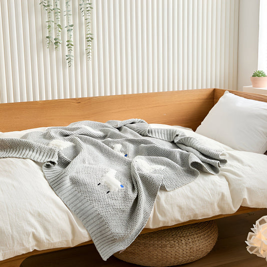 OEKO-TEX® Alpaca Knitted Cotton Blanket, Grey - Draped on bed - Bambisserie
