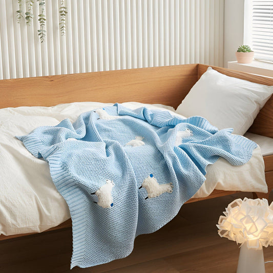OEKO-TEX® Alpaca Knitted Cotton Blanket, Sky Blue - Draped on bed - Bambisserie