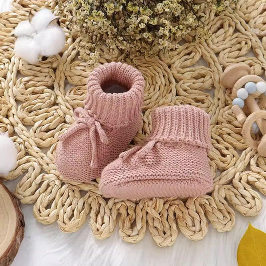 Pink Knit Baby Booties with Bow (9-12cm)