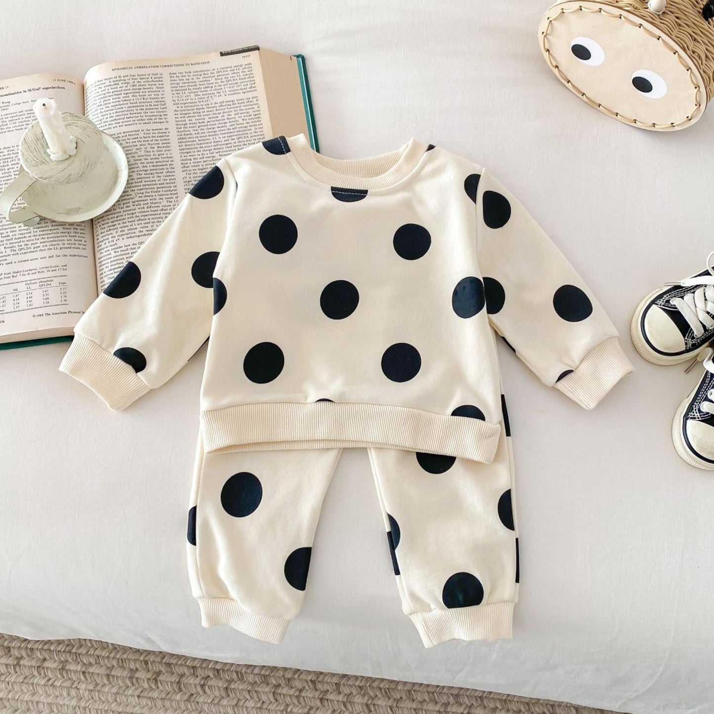 Polka Pop Cotton Lounge Set, Cream (6m-4yrs)