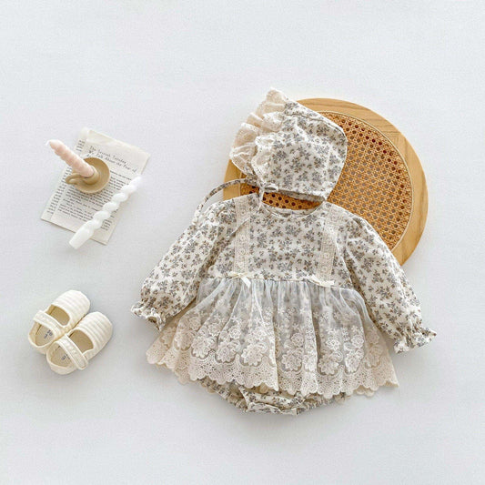 Rena Floral Romper Dress & Bonnet Set - Cream (3m-24m)