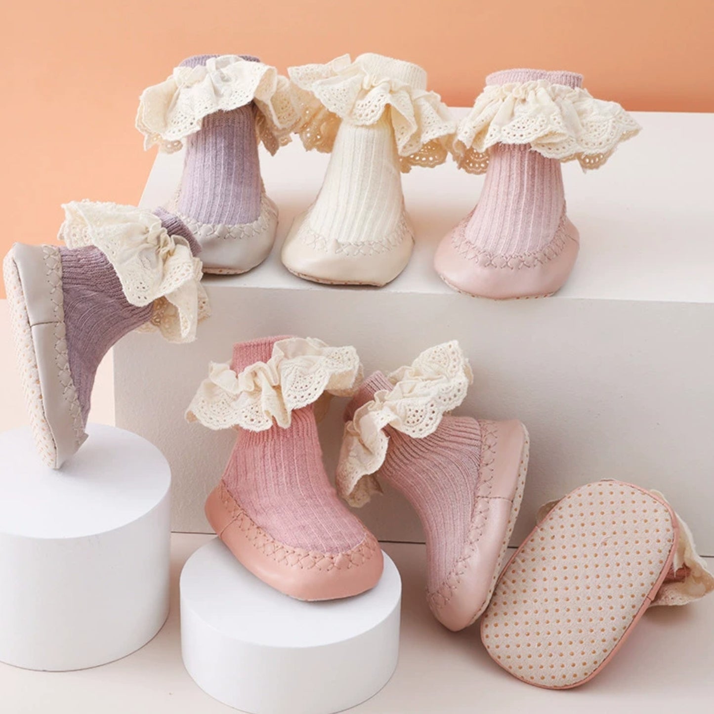 Ruffle Lace Baby Slipper Socks, Blossom Pink (11-13cm)