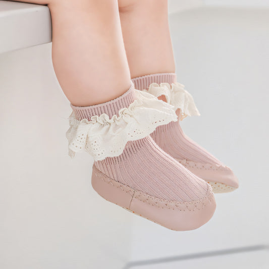 Ruffle Lace Baby Slipper Socks, Powder Pink (11-13cm)