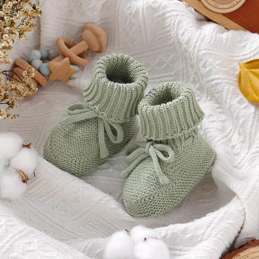 Sage Knit Baby Booties with Bow (9-12cm)
