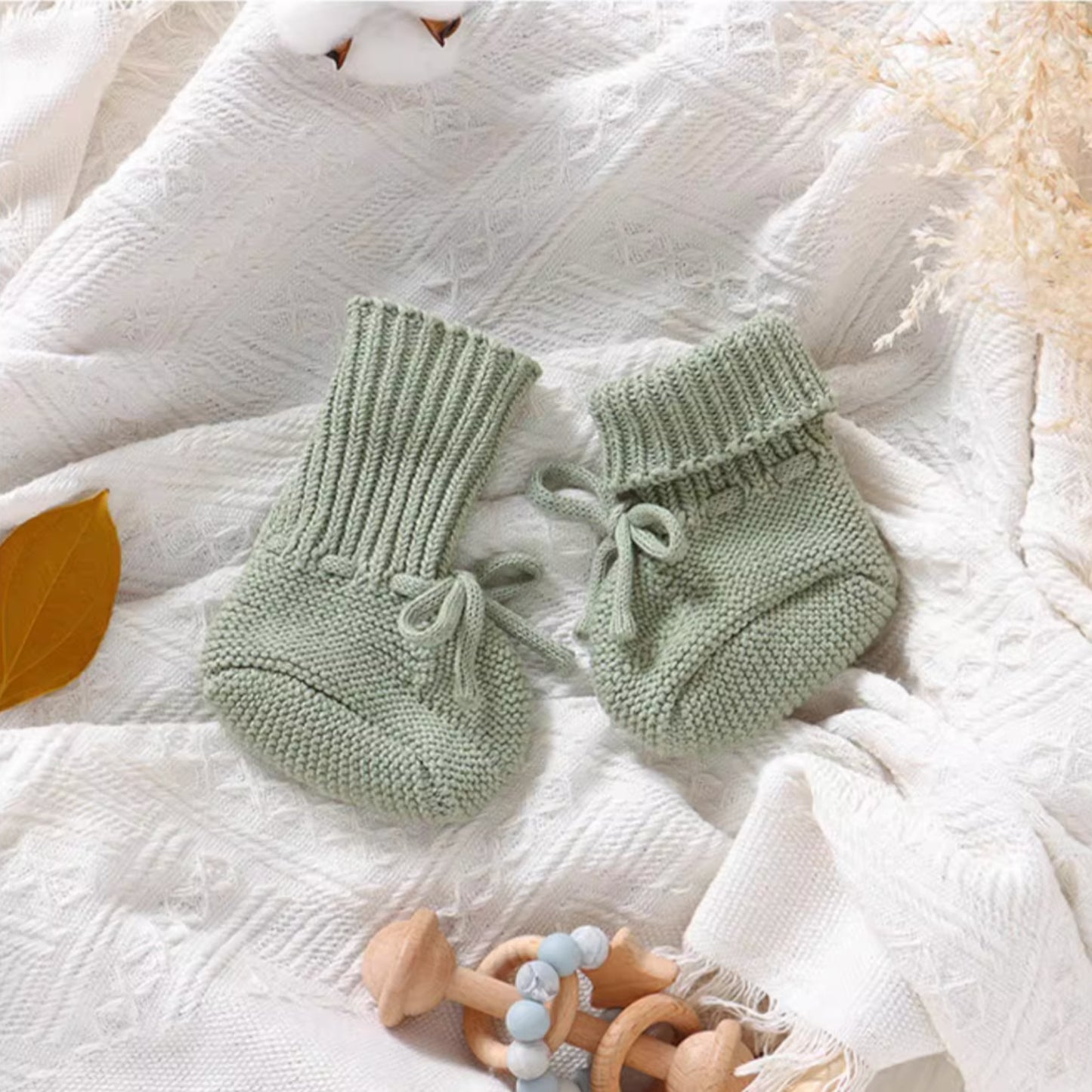Sage Knit Baby Booties with Bow (9-12cm)
