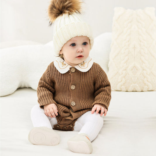 Soft Cotton Knit Baby Romper, Brown (0m-24m)
