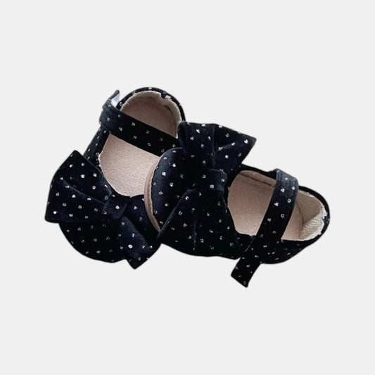 Velvet Bow Baby Shoes - Black (11-13cm)