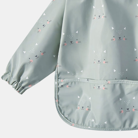 Waterproof Long Sleeve Pocket Bib, Blushing Cat - Detail - Bambisserie