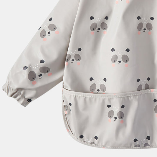Waterproof Long Sleeve Pocket Bib, Blushing Panda - Detail - Bambisserie