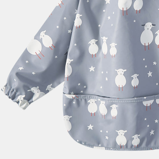 Waterproof Long Sleeve Pocket Bib, Grey Lamb - Detail - Bambisserie
