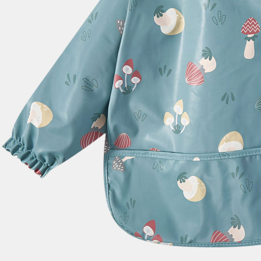 Waterproof Long Sleeve Pocket Bib, Mushrooms - Detail - Bambisserie