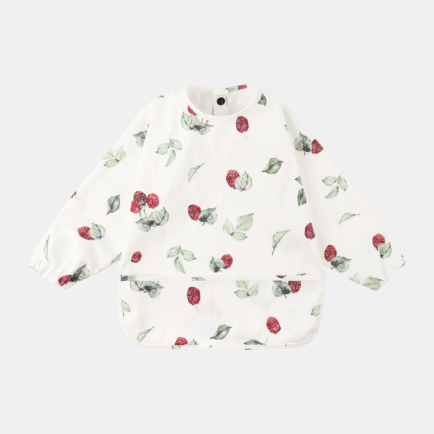 Baby bib with strawberry pattern on a white background