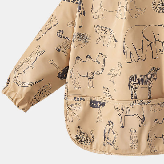 Waterproof Long Sleeve Pocket Bib, Zoo Friends - Detail - Bambisserie