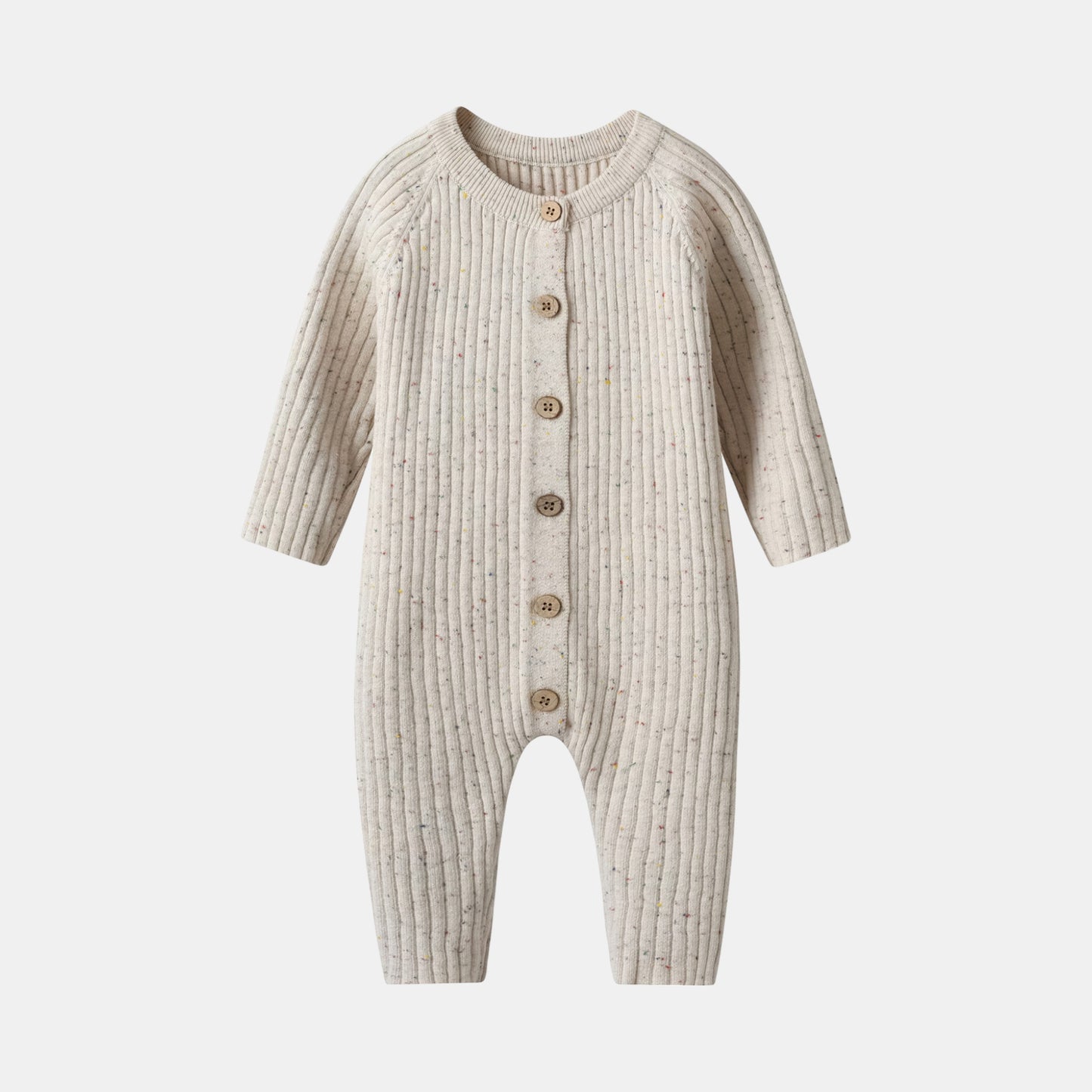 Almond Speckle Knitted Cotton Baby Jumpsuit Front - Bambisserie