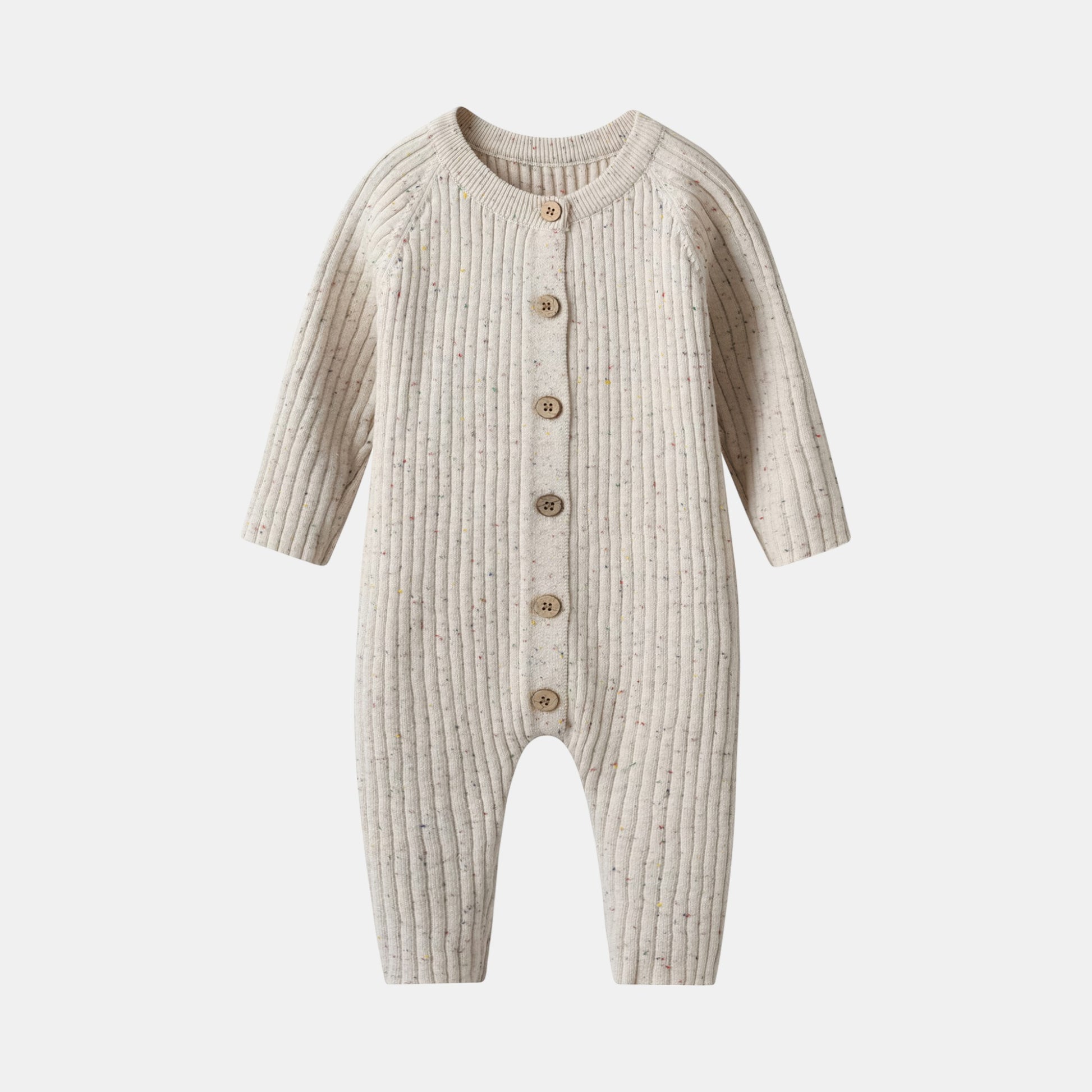 Almond Speckle Knitted Cotton Baby Jumpsuit Front - Bambisserie