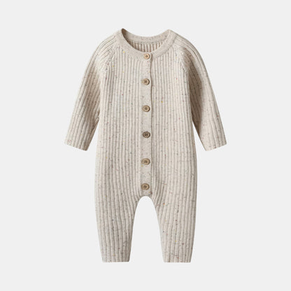Almond Speckle Knitted Cotton Baby Jumpsuit Front - Bambisserie