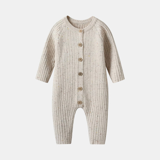 Almond Speckle Knitted Cotton Baby Jumpsuit Front - Bambisserie