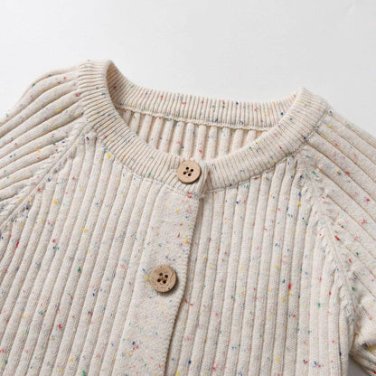 Almond Speckle Knitted Cotton Baby Jumpsuit Front Detail - Bambisserie