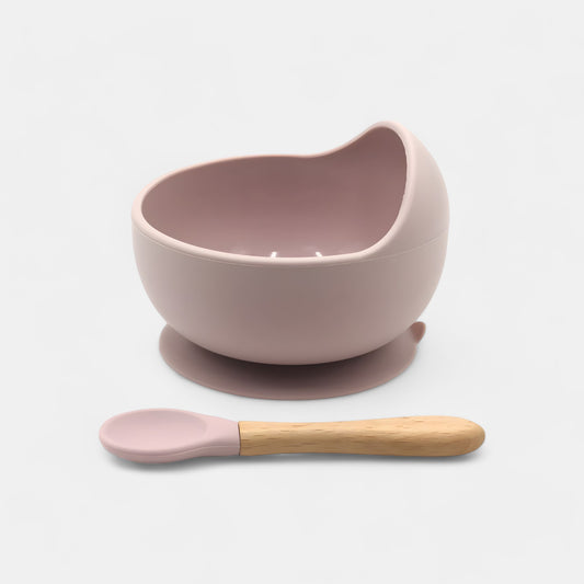 Silicone Suction Bowl & Spoon Set, Blush Pink - Side View - Bambisserie