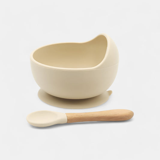 Silicone Suction Bowl & Spoon Set, Milk Tea - Side View - Bambisserie