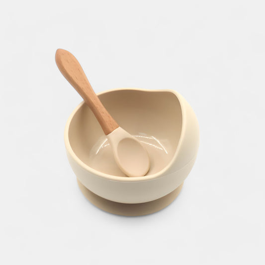 Silicone Suction Bowl & Spoon Set, Milk Tea - Bambisserie