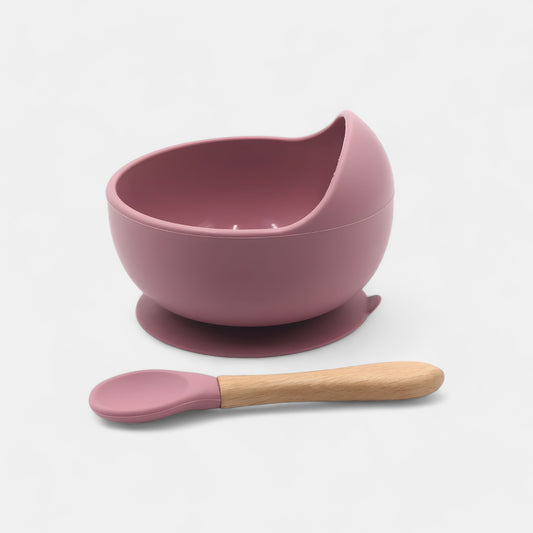 Silicone Suction Bowl & Spoon Set, Rose - Side View - Bambisserie