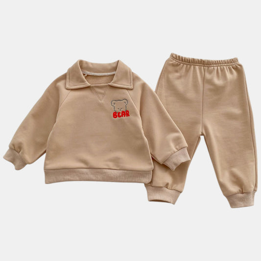 Bear Collar Cotton Lounge Set, Khaki (6m-4yrs)