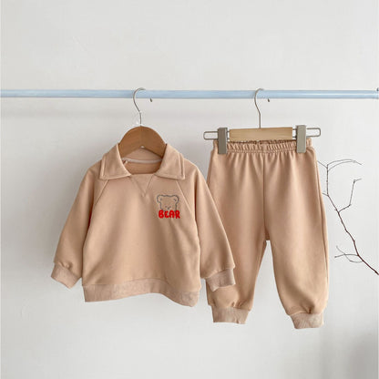 Bear Collar Cotton Lounge Set, Khaki (6m-4yrs)