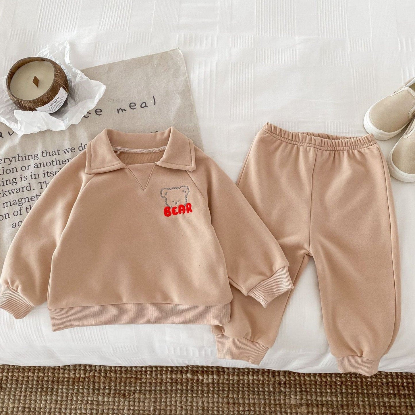 Bear Collar Cotton Lounge Set, Khaki (6m-4yrs)