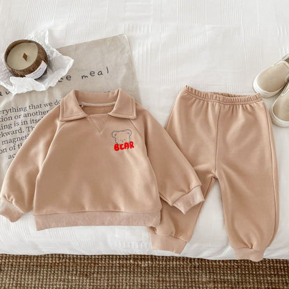 Bear Collar Cotton Lounge Set, Khaki (6m-4yrs)