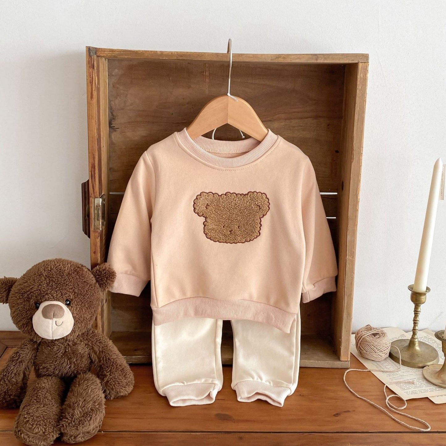 Bear Face Cotton Lounge Set, Golden Beige (6m-4yrs)