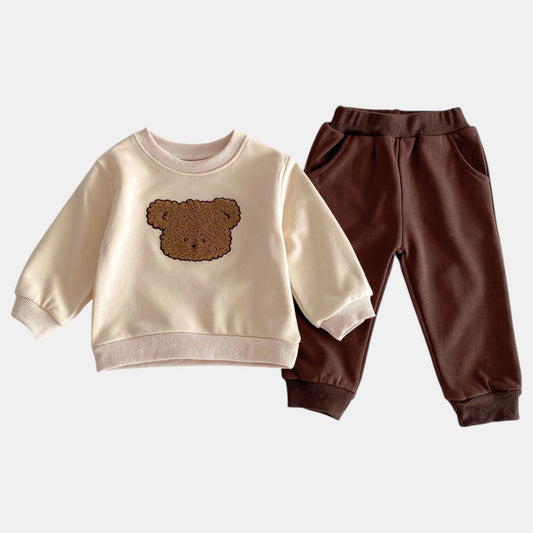Bear Face Cotton Lounge Set, Light Beige (6m-4yrs)