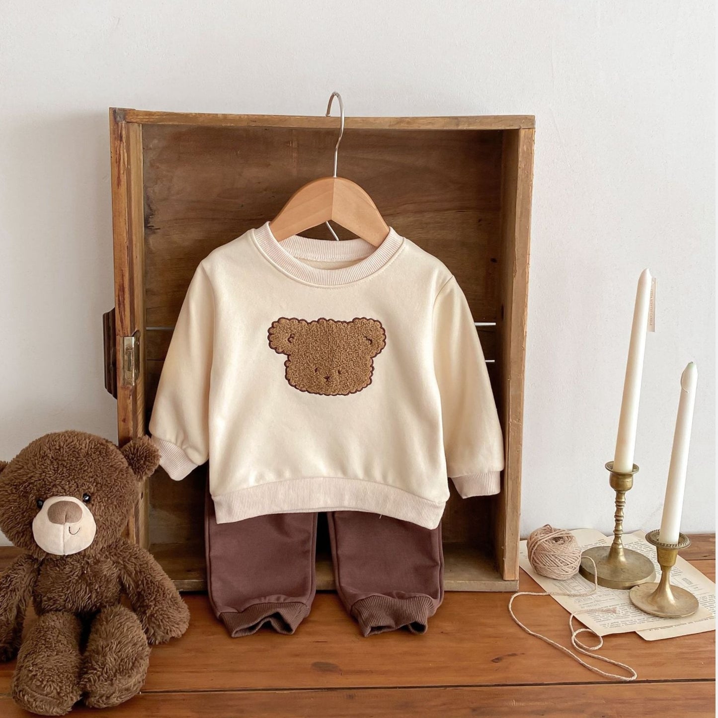 Bear Face Cotton Lounge Set, Light Beige (6m-4yrs)