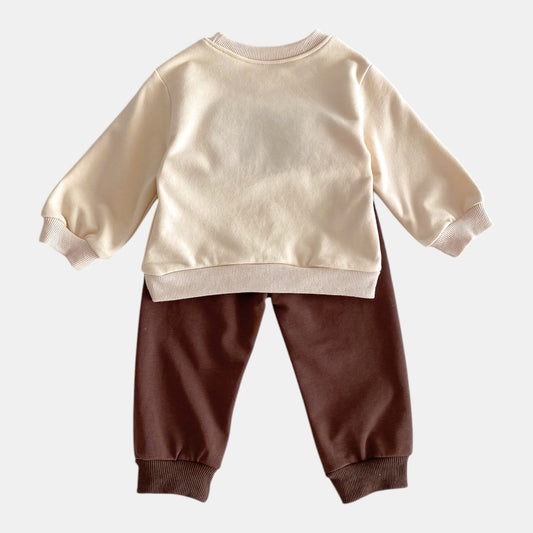 Bear Face Cotton Lounge Set, Light Beige (6m-4yrs)