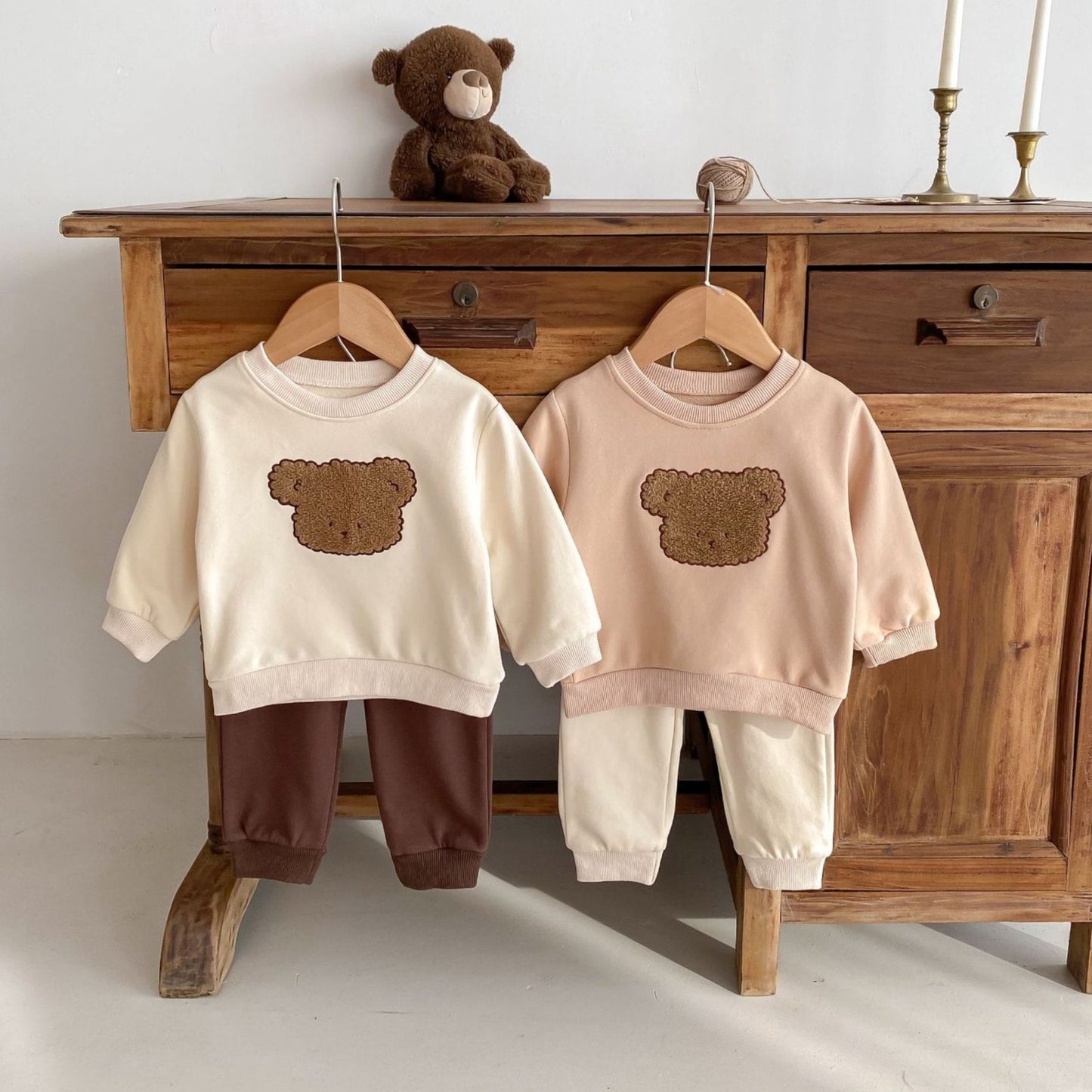 Bear Face Cotton Lounge Set, Light Beige (6m-4yrs)